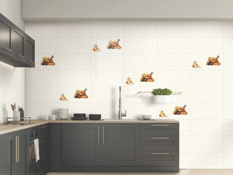 L shape kitchen design with dark cabinets, fruit-patterned wall tiles, and a minimalist layout.